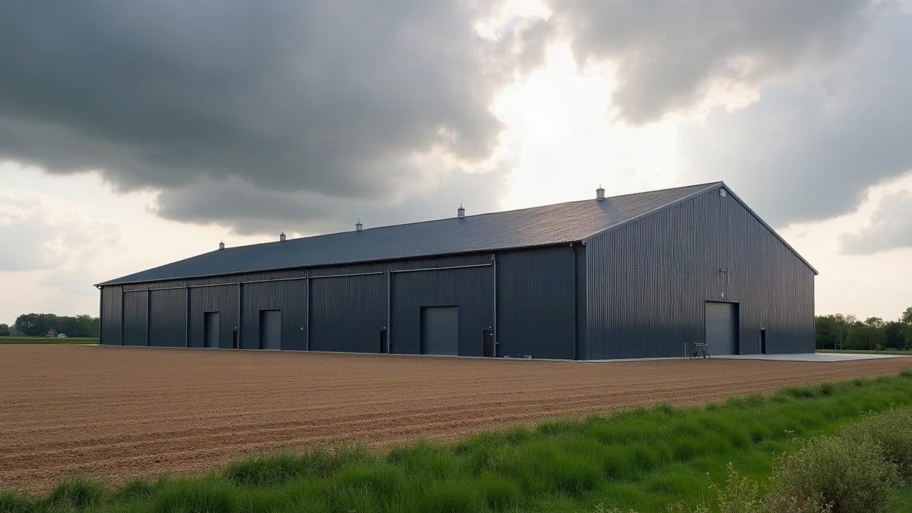 Hangar céréalier, neige et vent sur la charpente