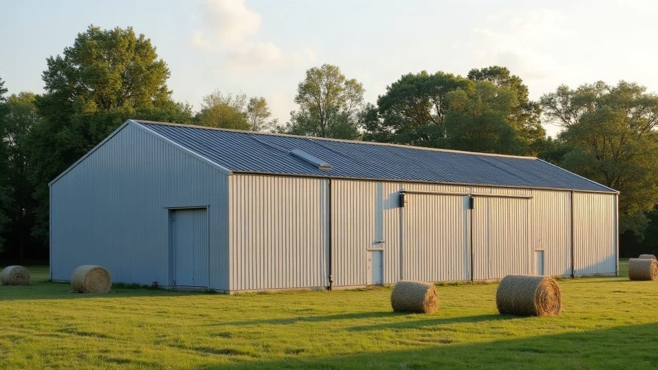 Hangar à fourrage à toiture bac acier neuve, balles rondes dans le pré