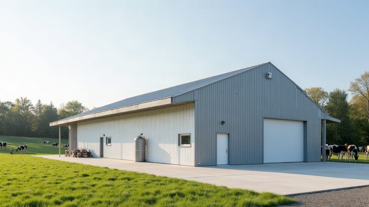 Salle de traite moderne à toiture bac acier neuve, vaches laitières au pré