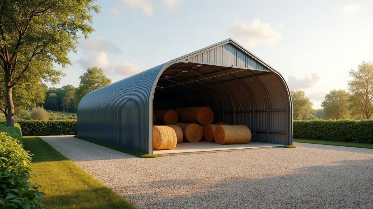Hangar à fourrage à toiture bac acier neuve, balles rondes rangées, bocage mayennais