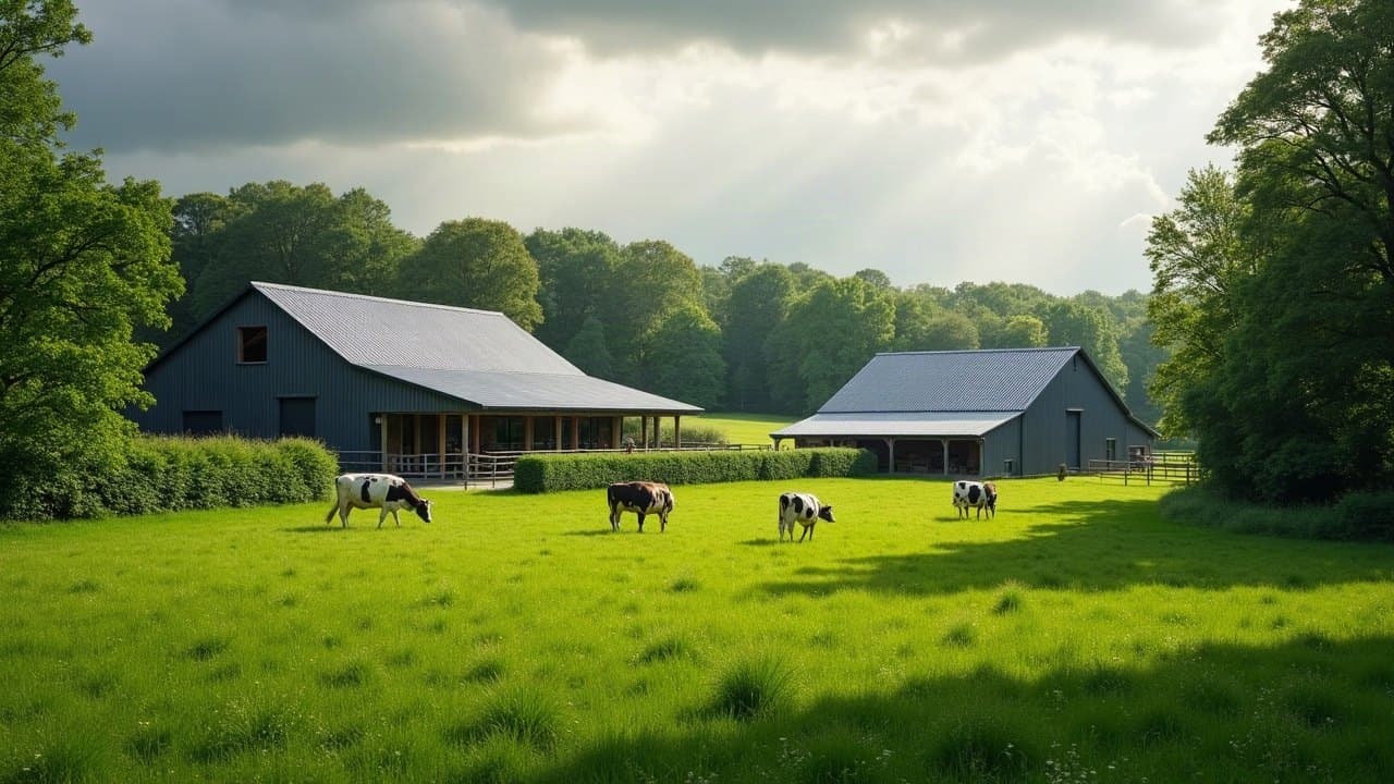 Ferme laitière du bocage mayennais, stabulation et hangar à toiture bac acier neuve, vaches au pré