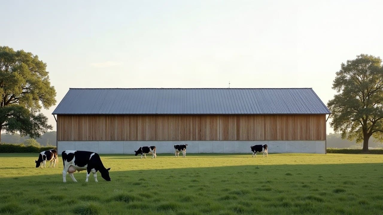 Stabulation laitière à bardage bois et toiture bac acier neuve, vaches Prim'Holstein au pré dans la Sarthe