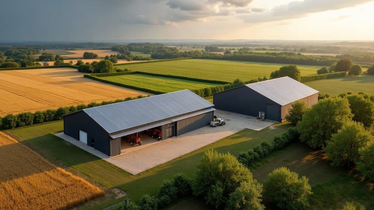Stabulation et hangar à toiture bac acier neuve entre champs de blé et haies de la Sarthe