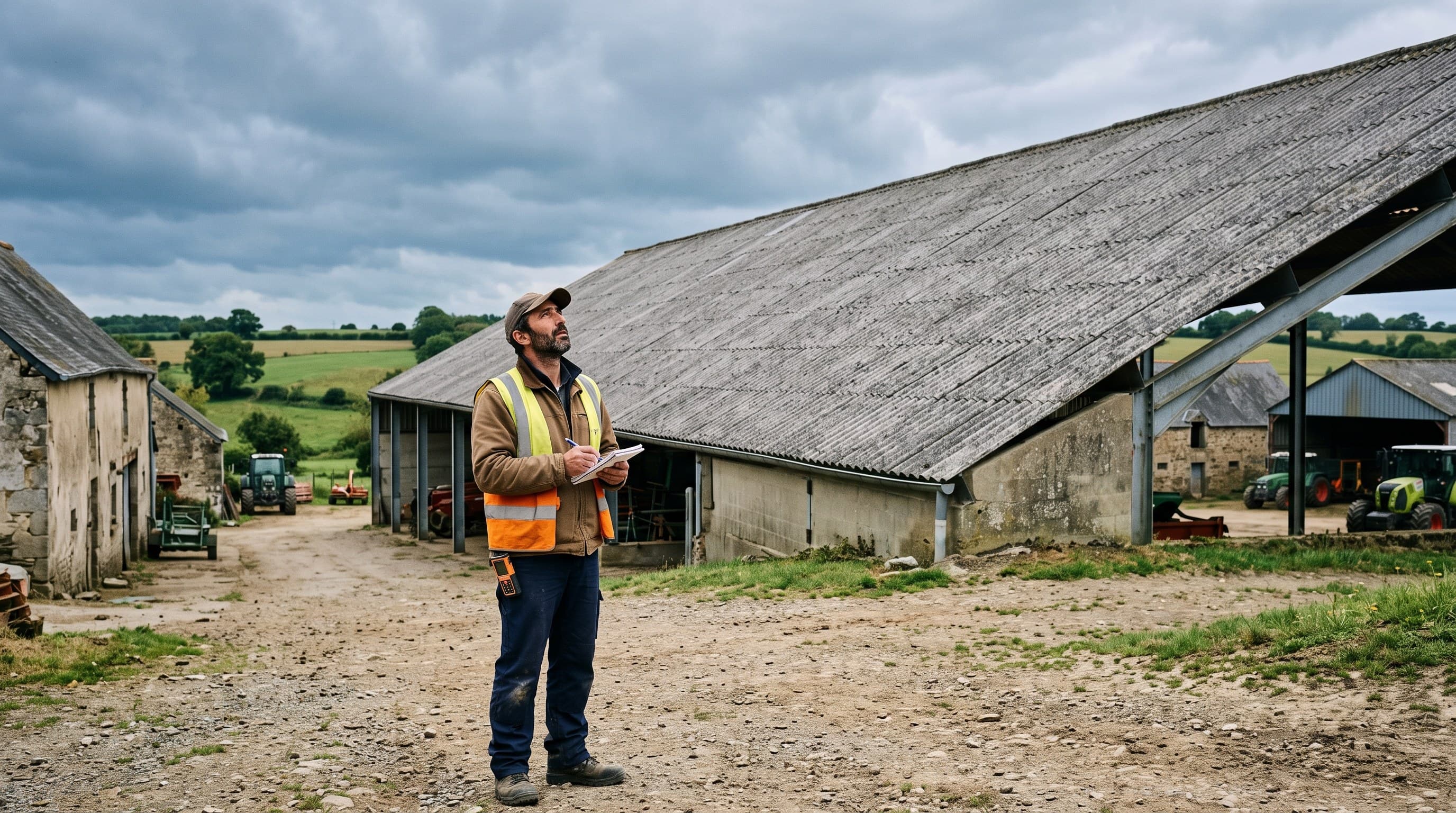 Examen de charpente sous une toiture agricole avant chiffrage d'un chantier en Sarthe