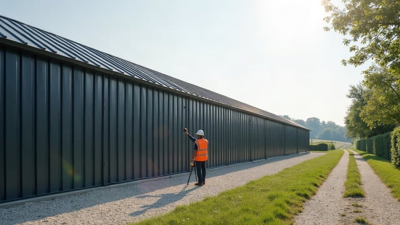 Couvreur de dos relevant au télémètre laser la longueur d'un bâtiment agricole avant chiffrage en Sarthe
