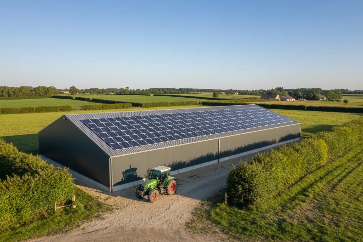 Hangar agricole à la couverture bac acier neuve portant des panneaux solaires sur son long pan, tracteur devant le bâtiment