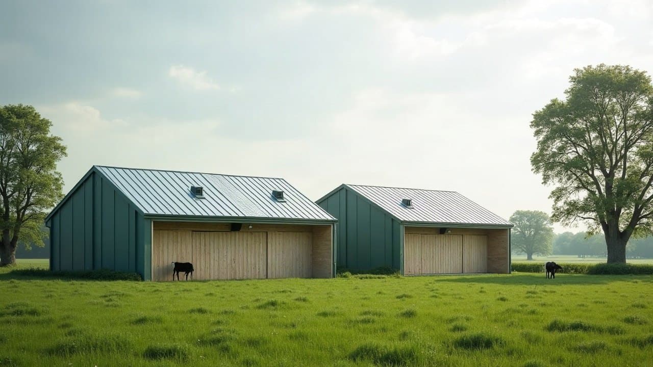 Deux bâtiments d'élevage aux toitures bac acier neuves équipées de sorties de ventilation, dans une prairie de Sarthe