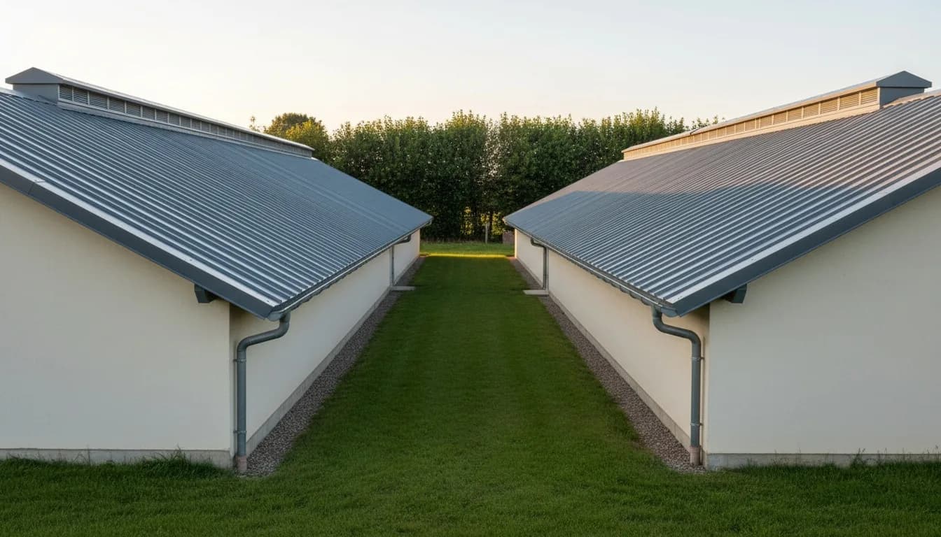 Deux poulaillers côte à côte aux toitures en bac acier gris ardoise neuves, faîtage ventilé sur toute la longueur, herbe entre les bâtiments