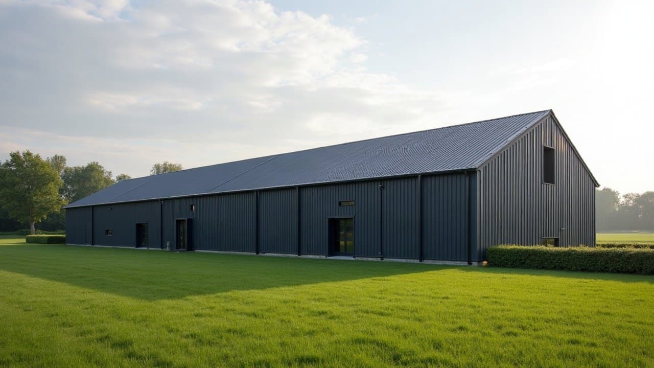 Long bâtiment agricole au faîtage parfaitement rectiligne sous sa toiture bac acier neuve, en Sarthe