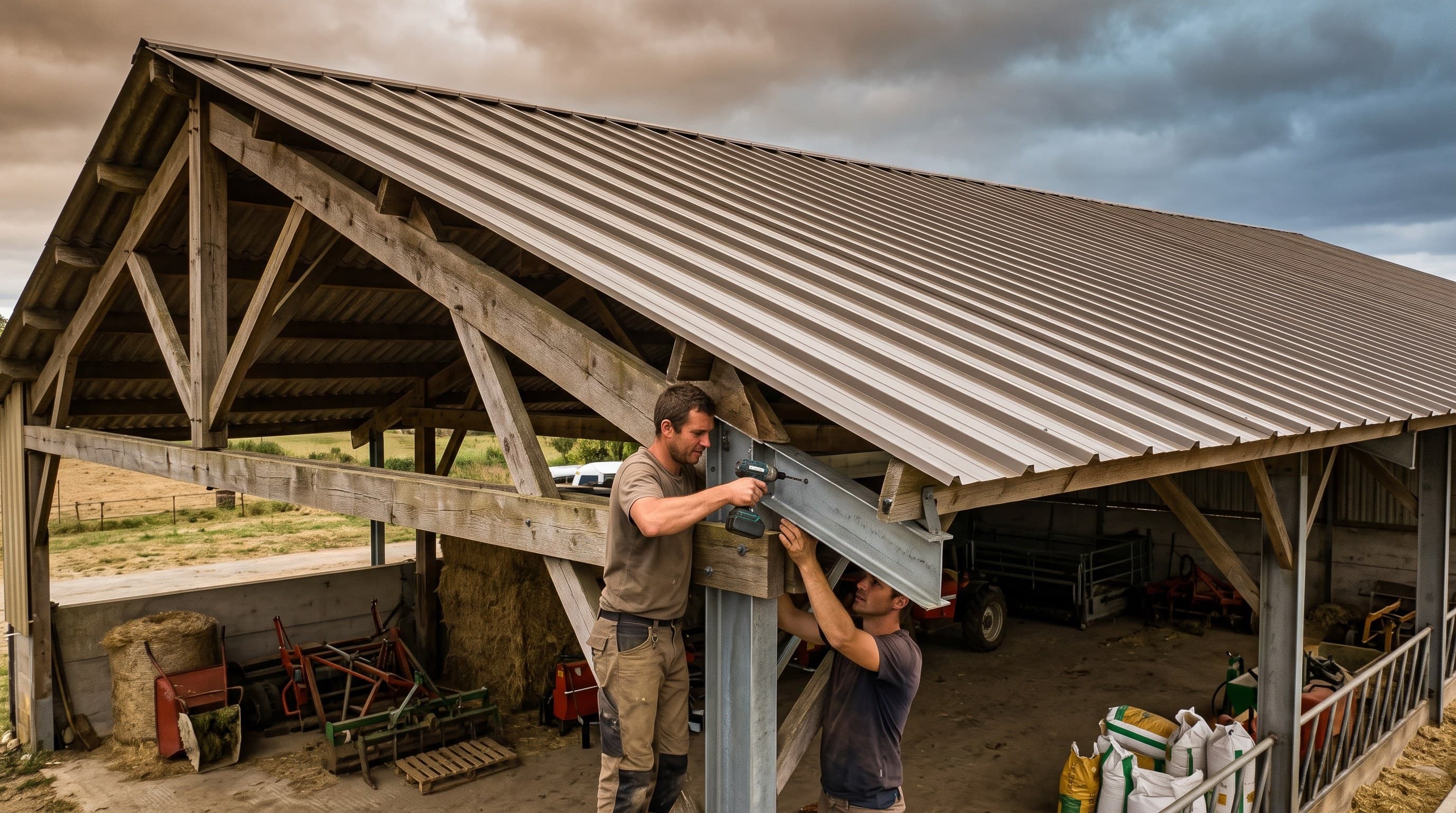 Reprise localisée d'une ferme de charpente avant pose d'une surcouverture bac acier sur un bâtiment agricole en Sarthe