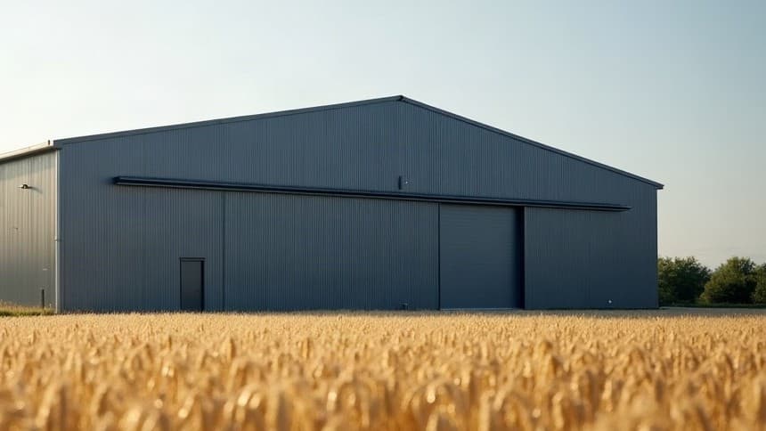Hangar agricole aux bardages et à la toiture en acier refaits, au bord d'un champ de blé en Sarthe