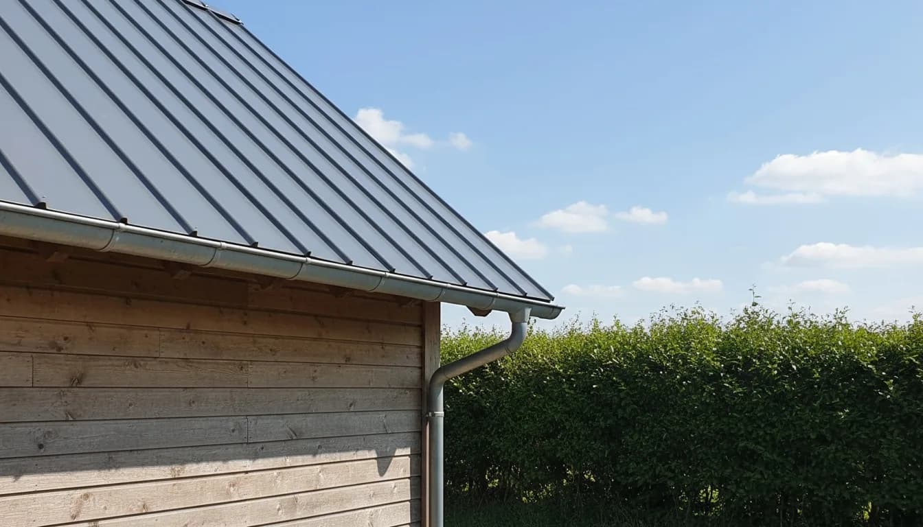 Angle d'une toiture agricole recouverte de bac acier neuf, rive pliée, gouttière grise neuve, bardage bois et haie de bocage