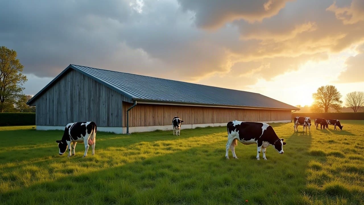 Stabulation de Sarthe couverte d'un bac acier neuf gris-vert, vaches au pré devant le bâtiment
