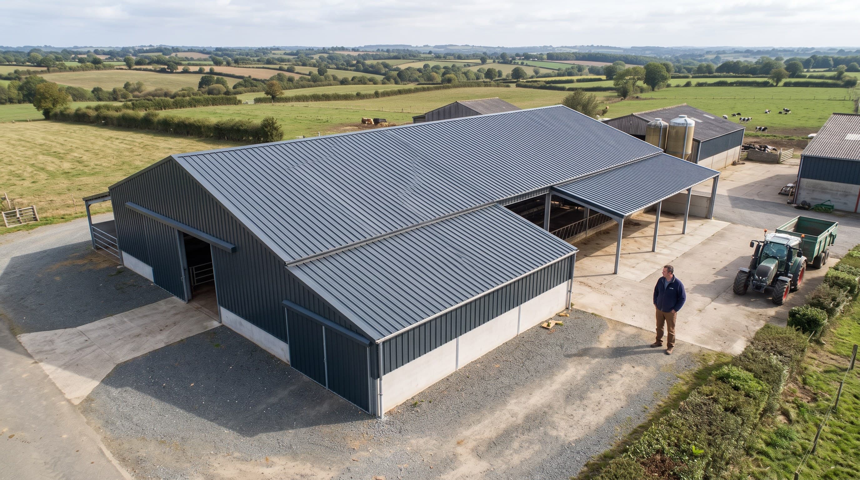 Bâtiment agricole avec toiture bac acier neuve entièrement achevée après une surcouverture, investissement direct de l'exploitant