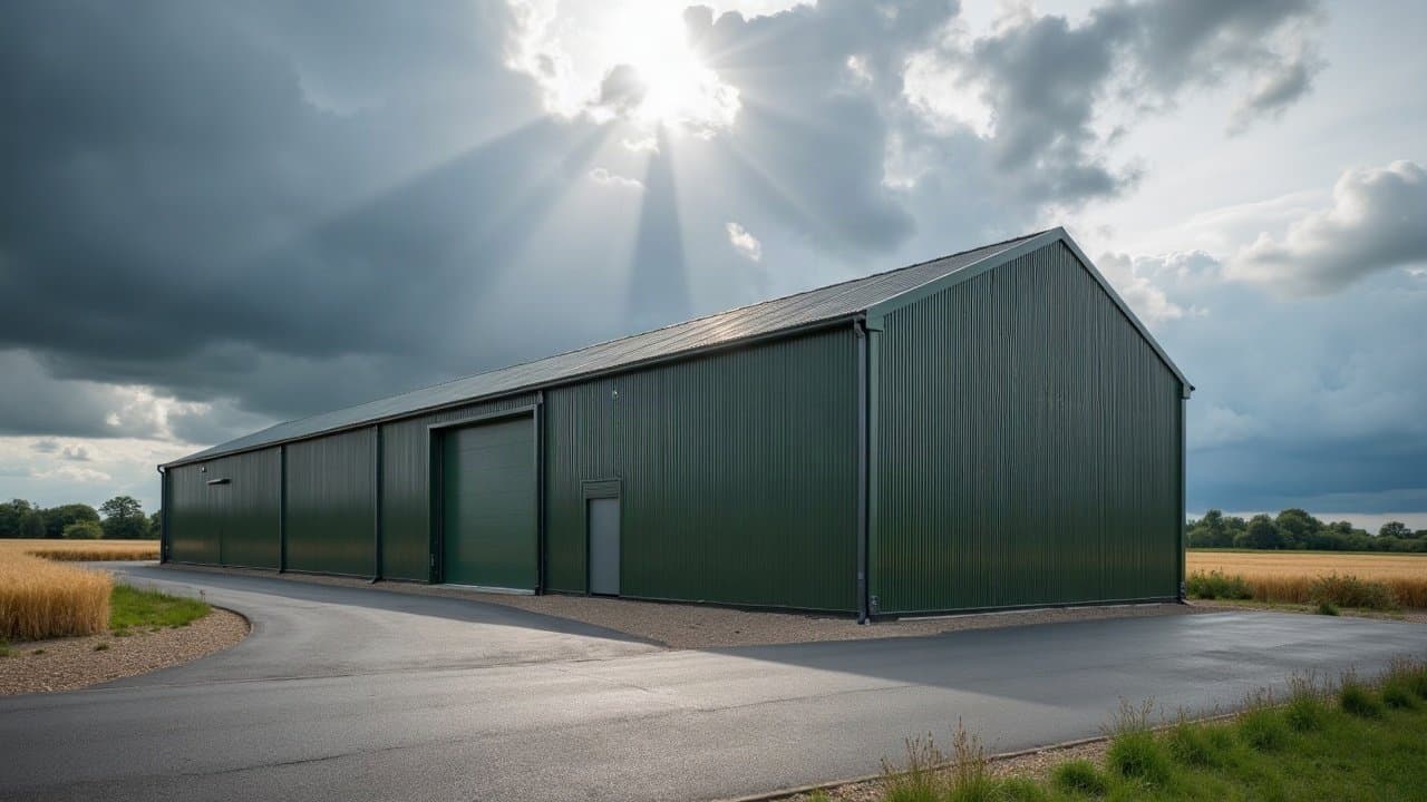 Hangar de stockage agricole récent, bardage métallique vert olive et toiture en bac acier, bordé d'un champ de blé moissonné sous un ciel d'orage