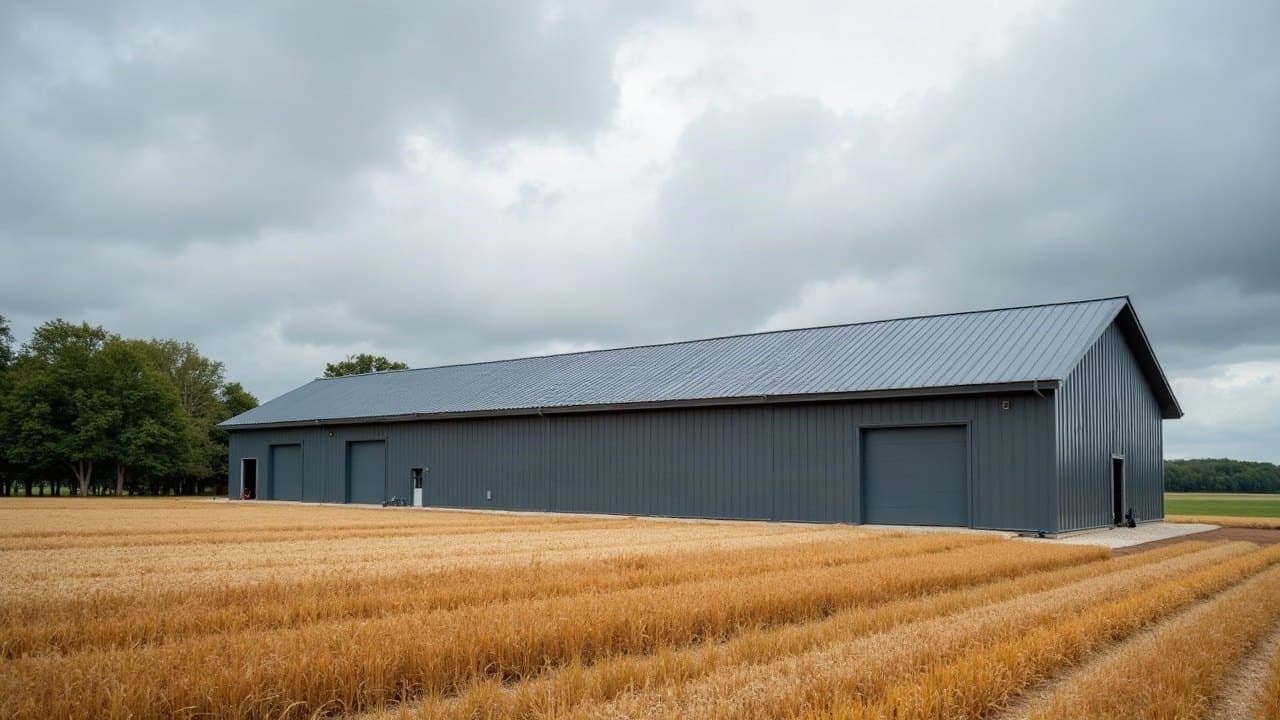Long hangar agricole gris à toiture bac acier neuve et portes fermées, au bord d'un champ de céréales moissonné