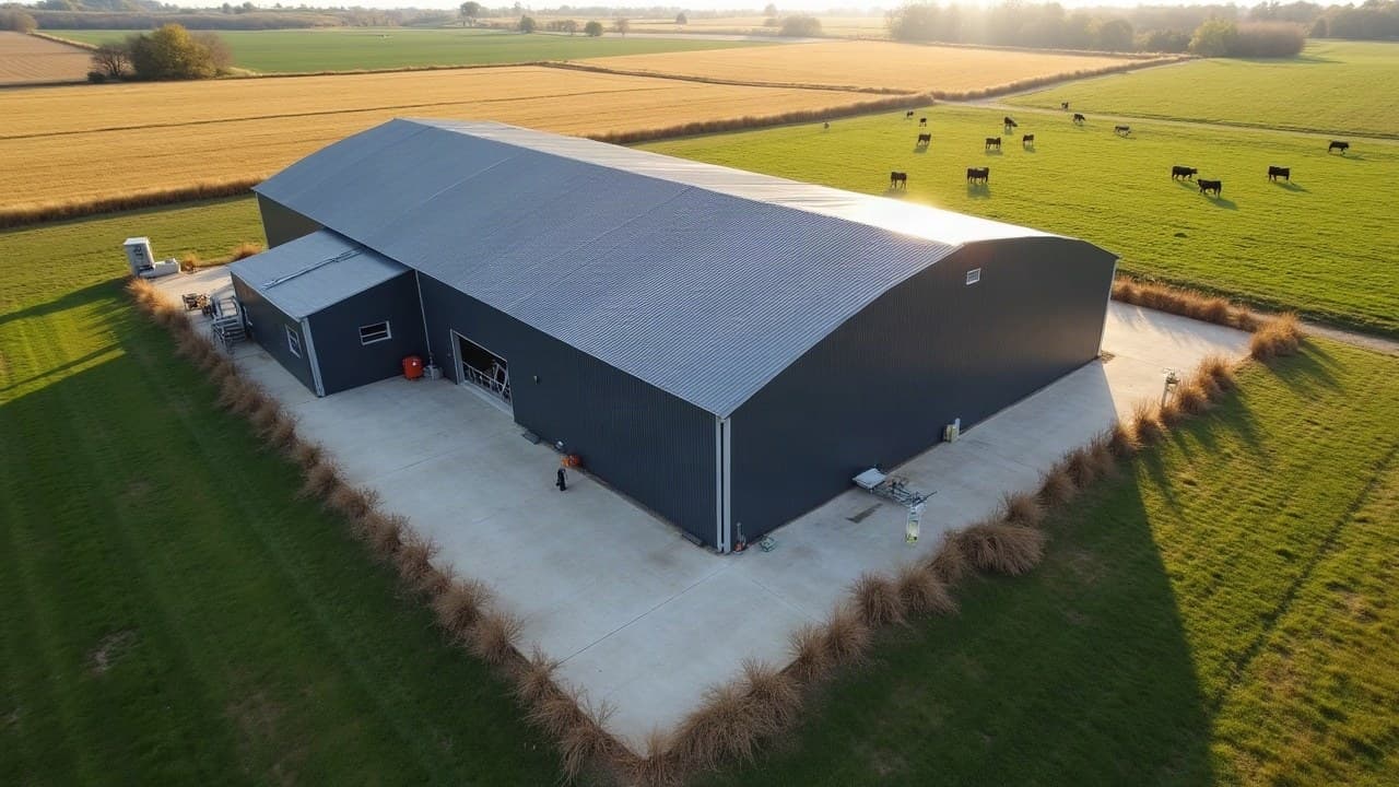 Bâtiment agricole à toiture bac acier neuve sur dalle béton, bovins au pré et champs de céréales autour de Bonnétable
