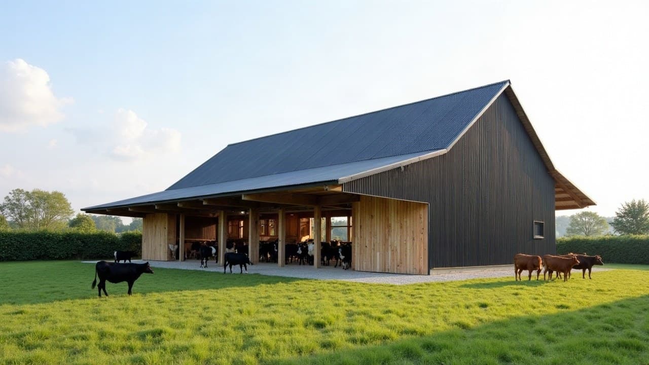 Bâtiment d'engraissement à toiture bac acier neuve et façade ventilée en bois, jeunes bovins au pré, campagne de Château-Gontier-sur-Mayenne
