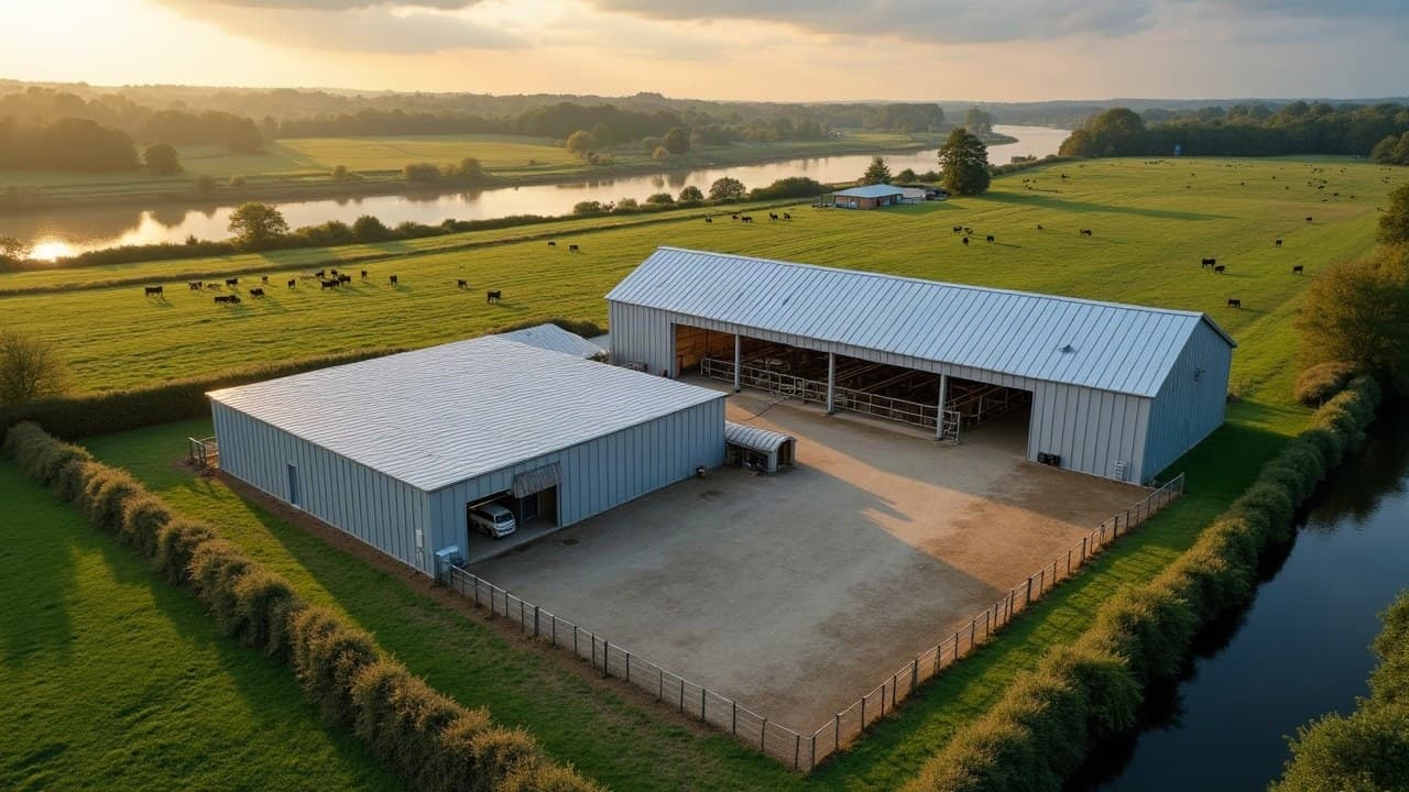 Stabulation et hangar à toitures bac acier neuves au bord de la Mayenne, bovins sur les prairies, campagne de Château-Gontier-sur-Mayenne