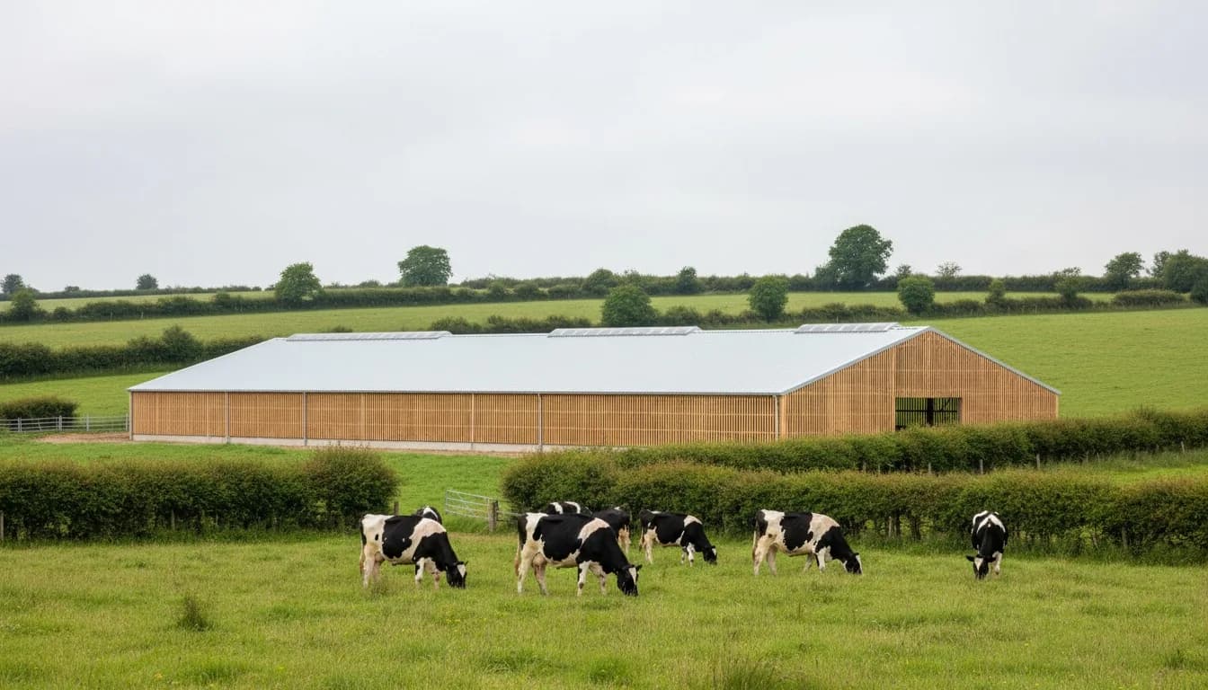 Stabulation laitière à toiture bac acier neuve et bardage bois, vaches au pré dans le bocage du pays de Craon
