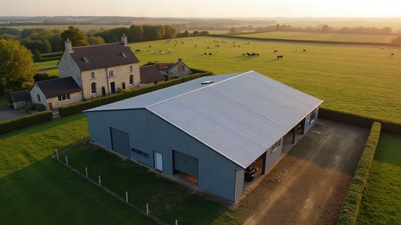 Stabulation à toiture bac acier neuve près d'une maison de ferme en pierre, vaches dans les prairies bocagères du pays de Craon