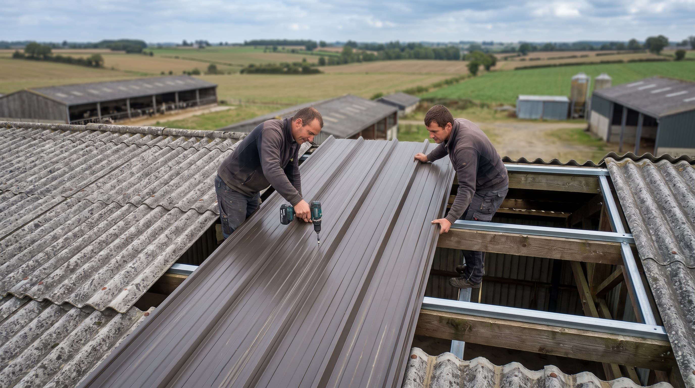 Bâtiment d'élevage avec toiture bac acier dans la campagne autour de Craon, Mayenne