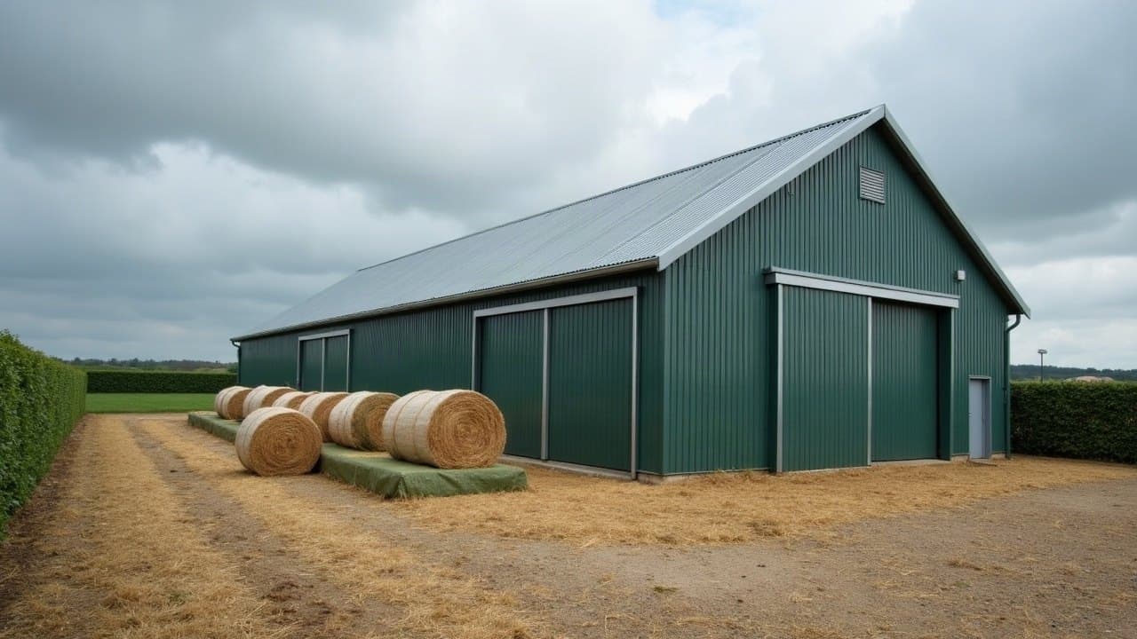 Hangar à fourrage à bardage vert et toiture bac acier neuve, bottes enrubannées alignées devant, près d'Évron