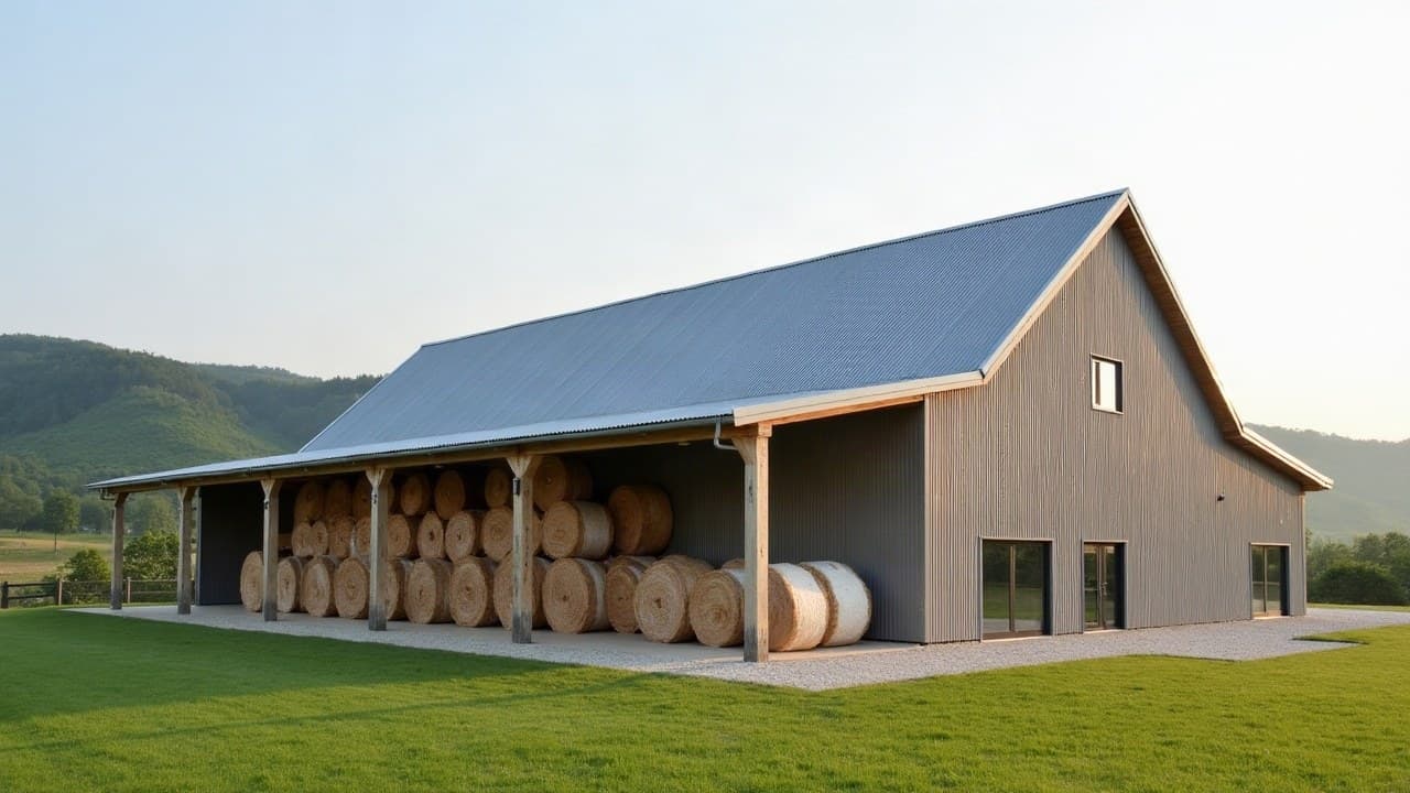 Hangar à fourrage à toiture bac acier neuve, bottes rondes abritées, collines boisées des Coëvrons
