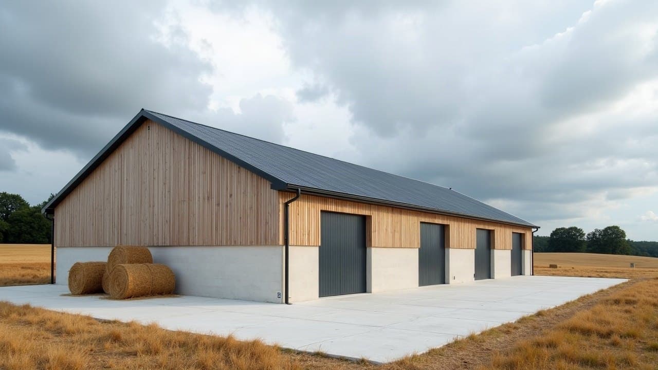 Hangar agricole neuf avec toiture bac acier, bardage bois et portes fermées, bottes de paille devant