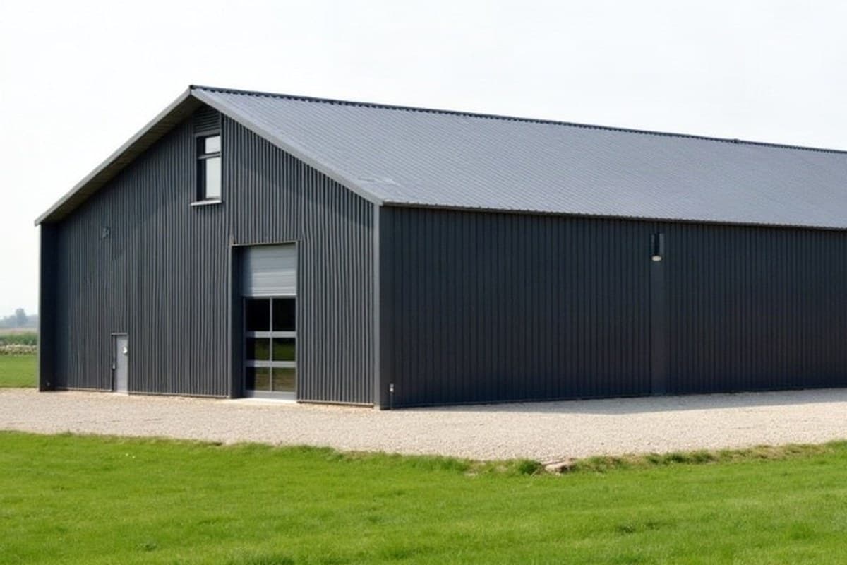 Hangar agricole à portique métallique, toiture et bardage bac acier neufs, cour gravillonnée près de La Ferté-Bernard