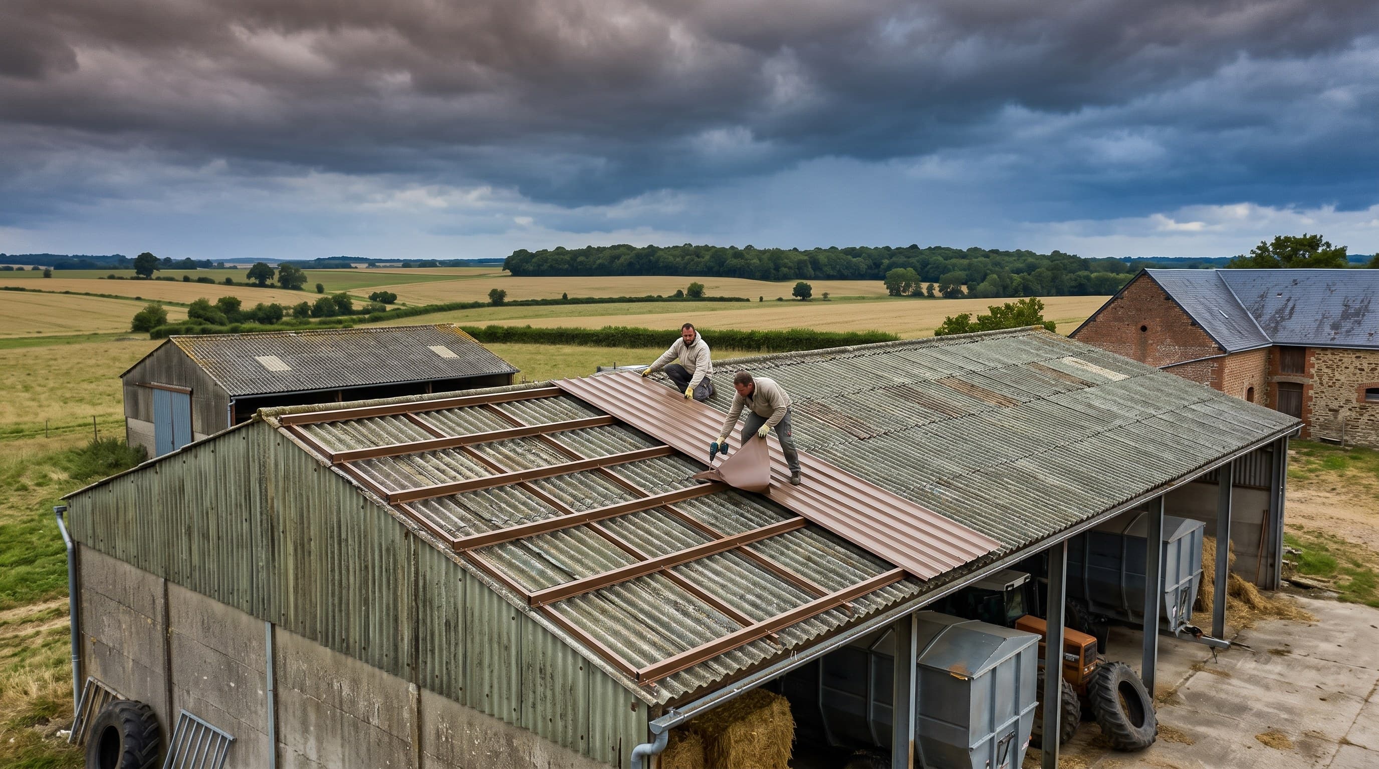 Hangar de stockage céréalier avec toiture bac acier dans la plaine du Perche autour de La Ferté-Bernard
