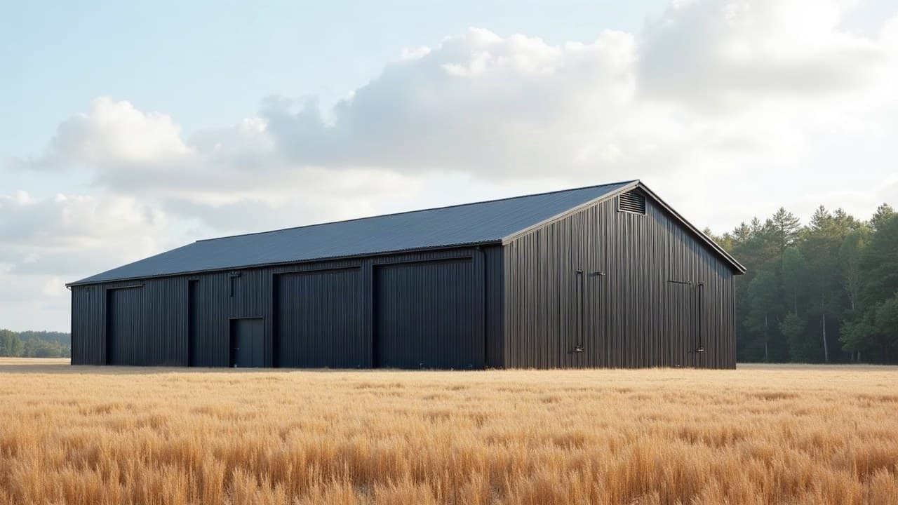 Hangar isolé à toiture bac acier neuve au milieu des céréales, bois de pins à l'horizon, secteur de La Flèche