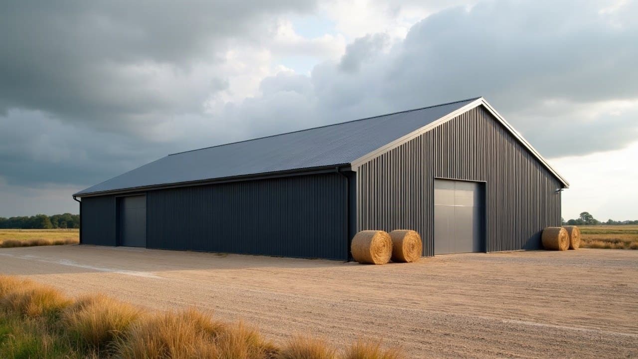 Grand hangar de stockage à toiture bac acier neuve et portes fermées, bottes rondes sur une cour sableuse près de La Flèche