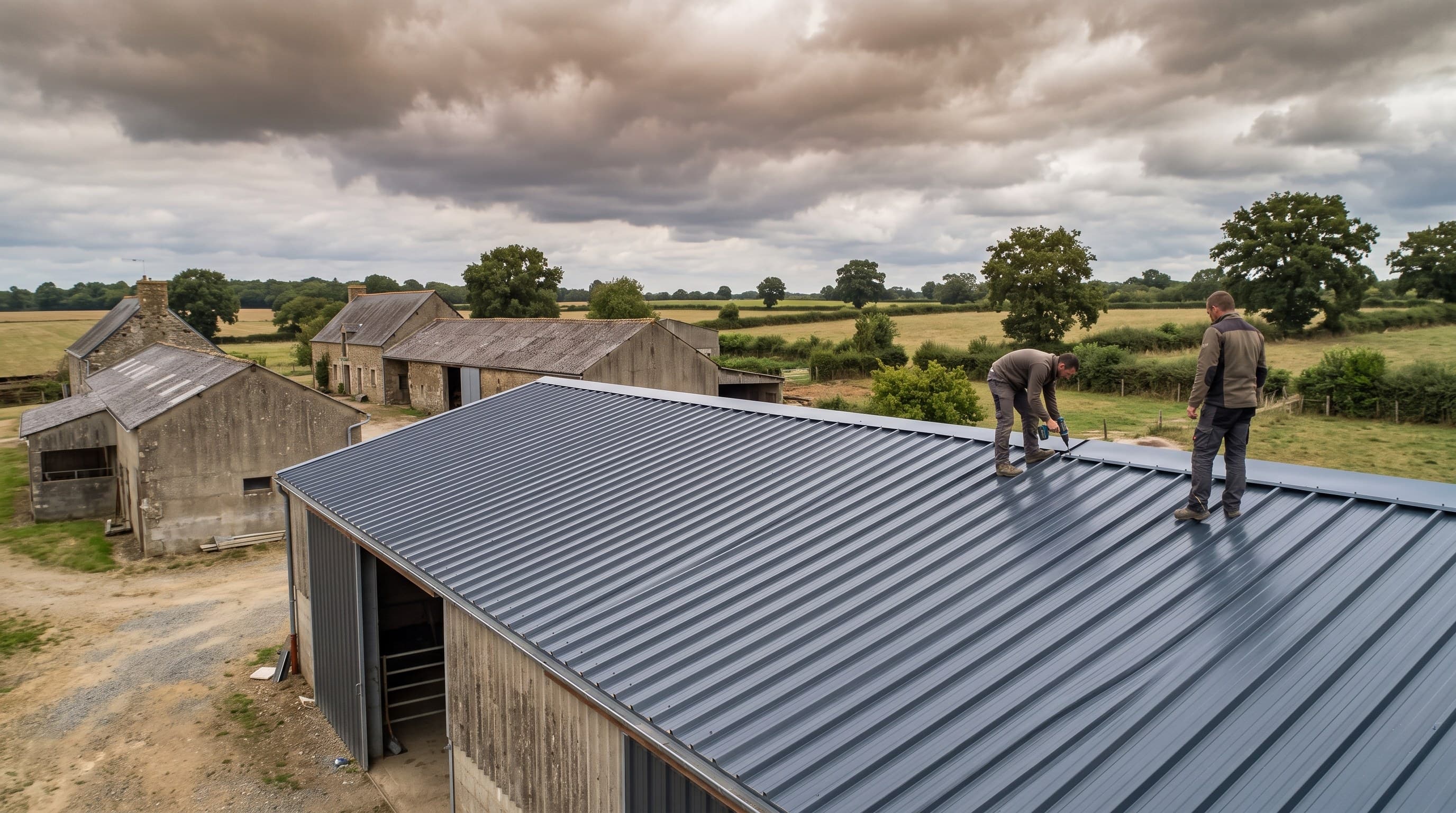 Hangar agricole avec toiture bac acier dans la campagne autour de La Flèche