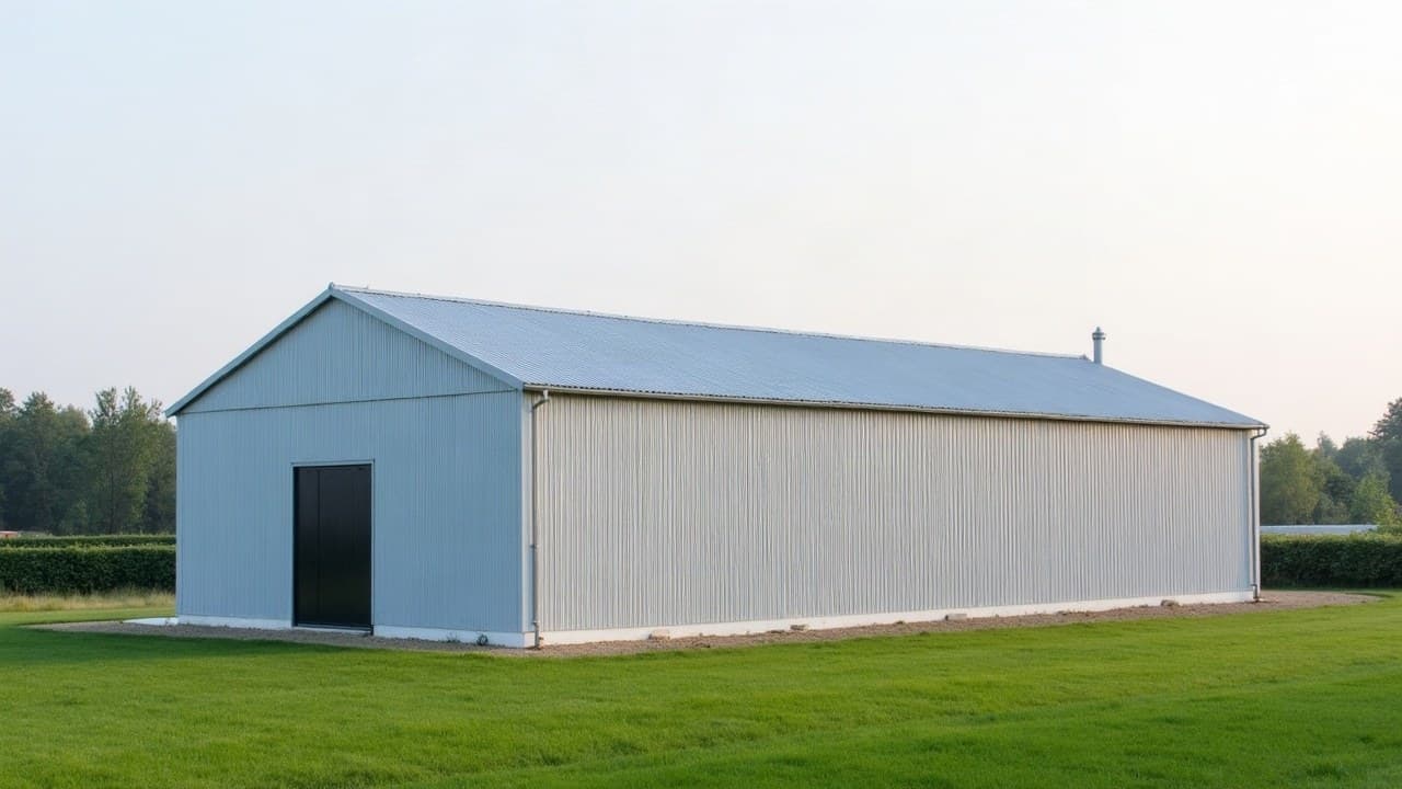 Bâtiment agricole remis à neuf avec une toiture bac acier aux nervures régulières, prairie de la vallée du Loir