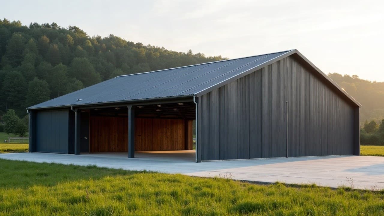 Hangar agricole à toiture et bardage bac acier neufs au pied d'un coteau boisé, vallée du Loir près du Lude