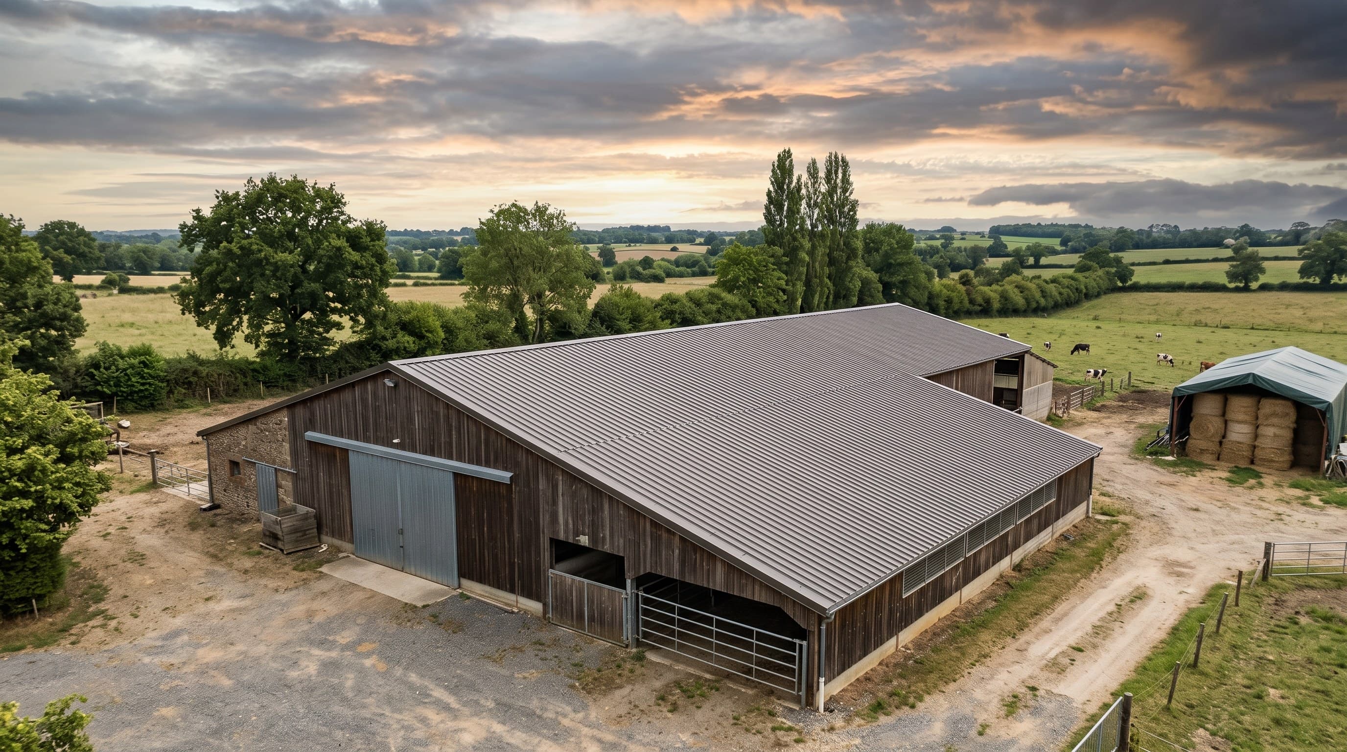 Bâtiment agricole avec toiture bac acier dans la vallée du Loir autour du Lude
