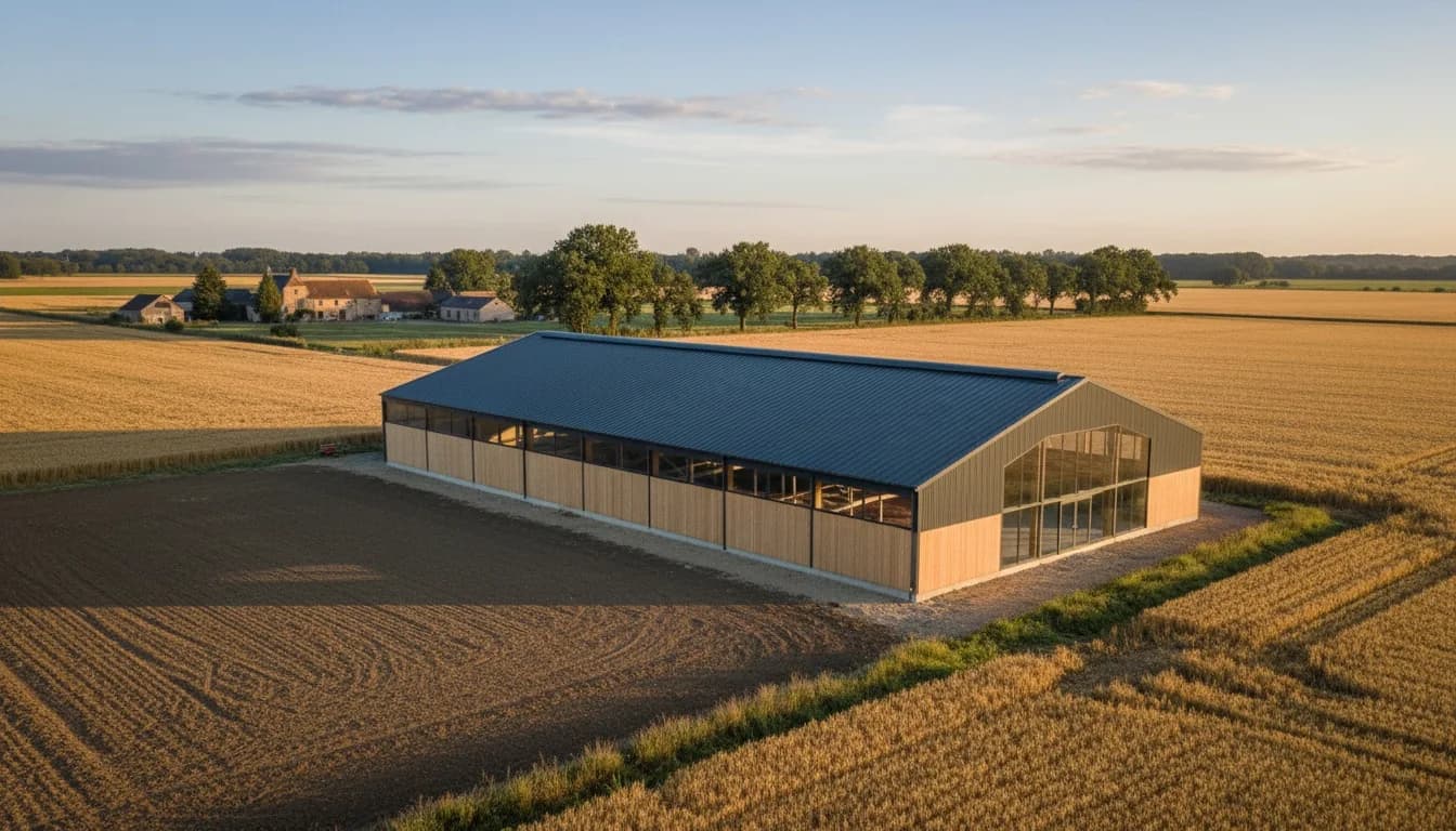 Hangar agricole à toiture bac acier neuve au milieu des chaumes de blé, exploitation de la couronne du Mans