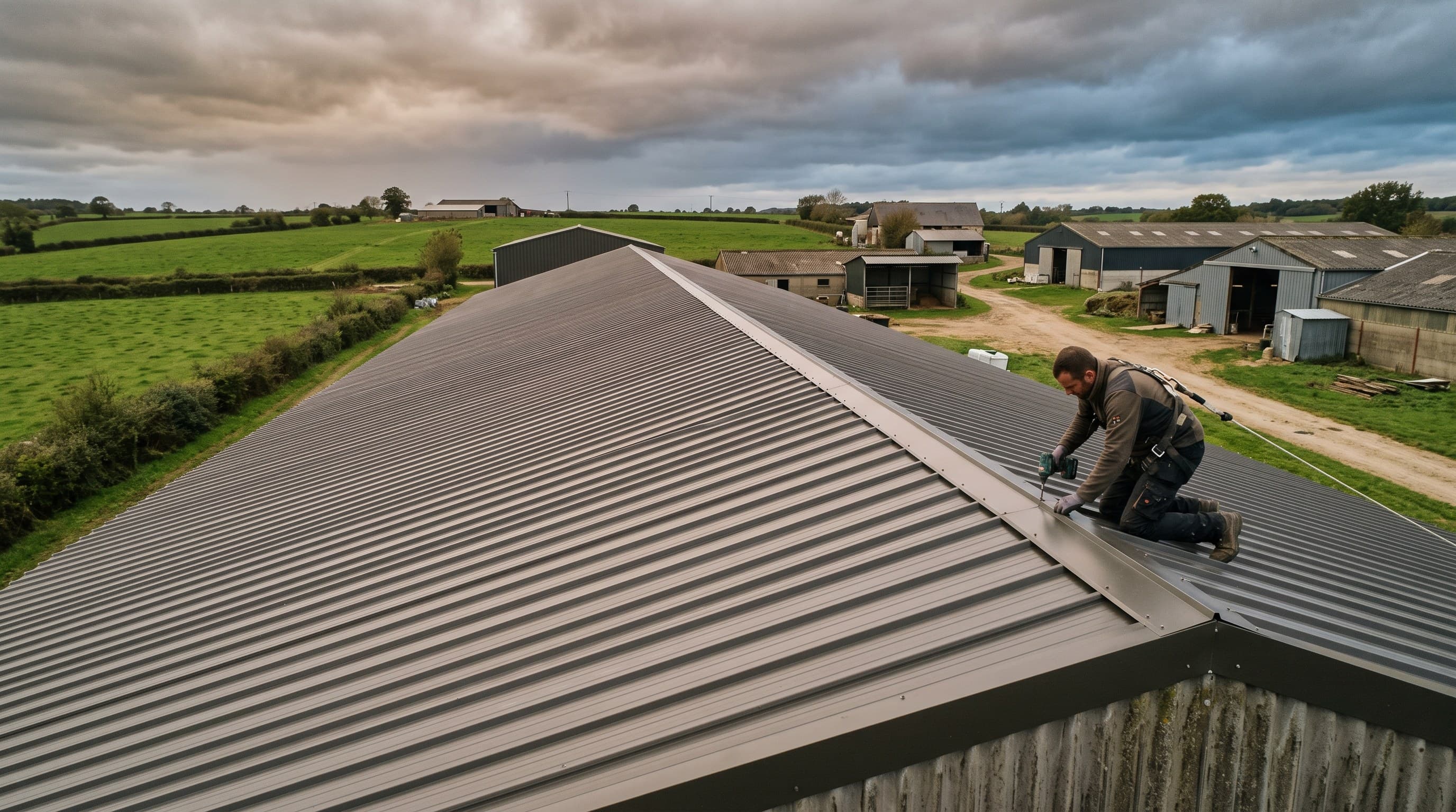 Bâtiment avicole avec toiture bac acier dans la campagne autour de Loué