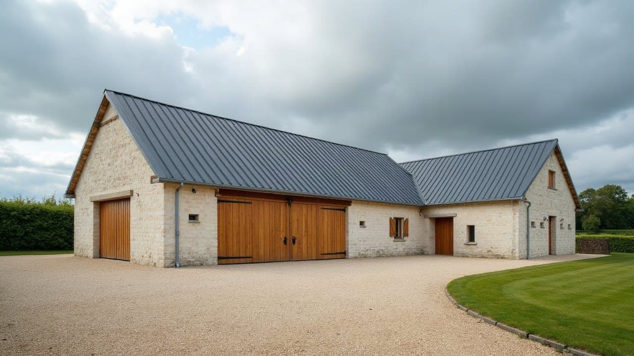 Ancienne grange en pierre claire et son extension, toutes deux couvertes d'un bac acier neuf, cour gravillonnée, Saosnois