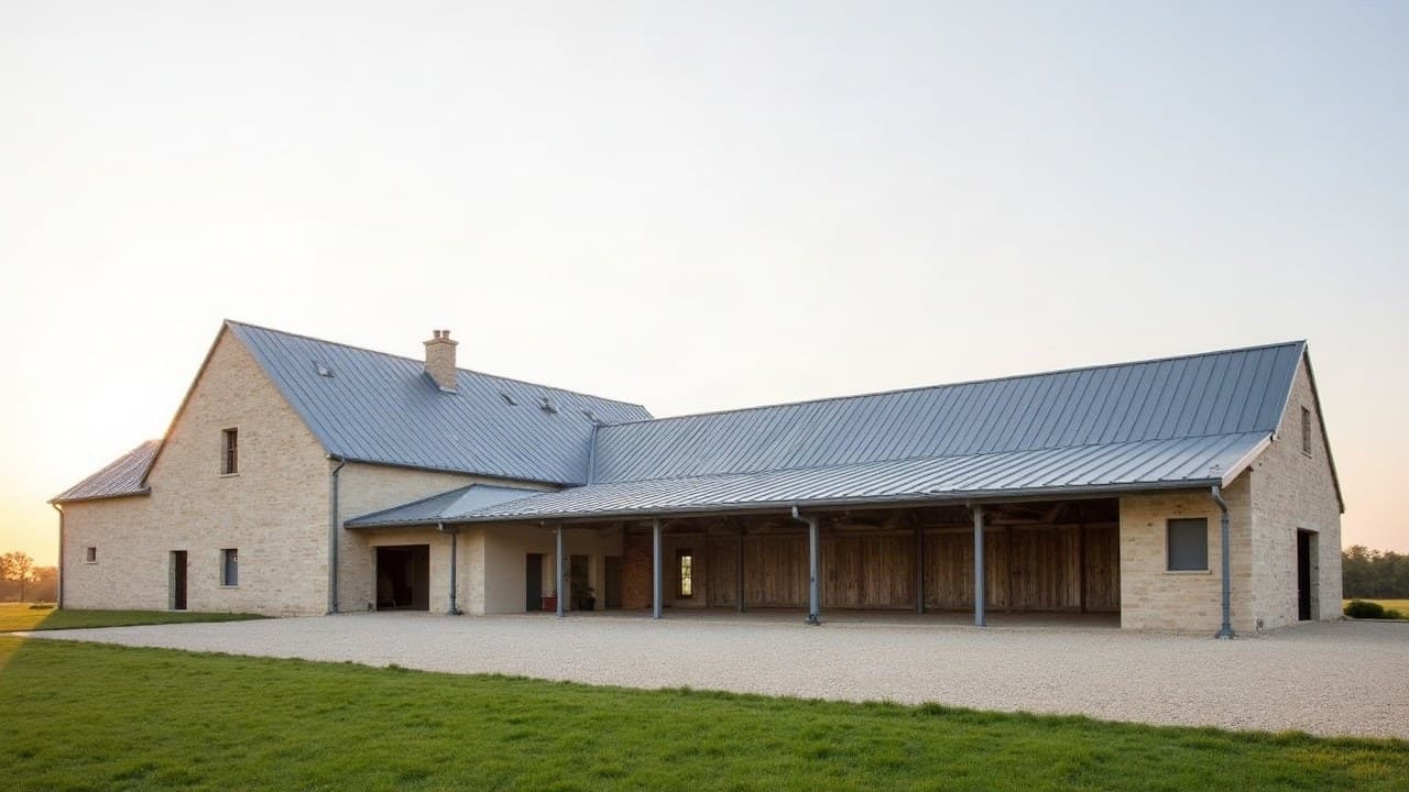 Grange en pierre claire restaurée et son extension sous une même toiture bac acier neuve, cour gravillonnée du Saosnois