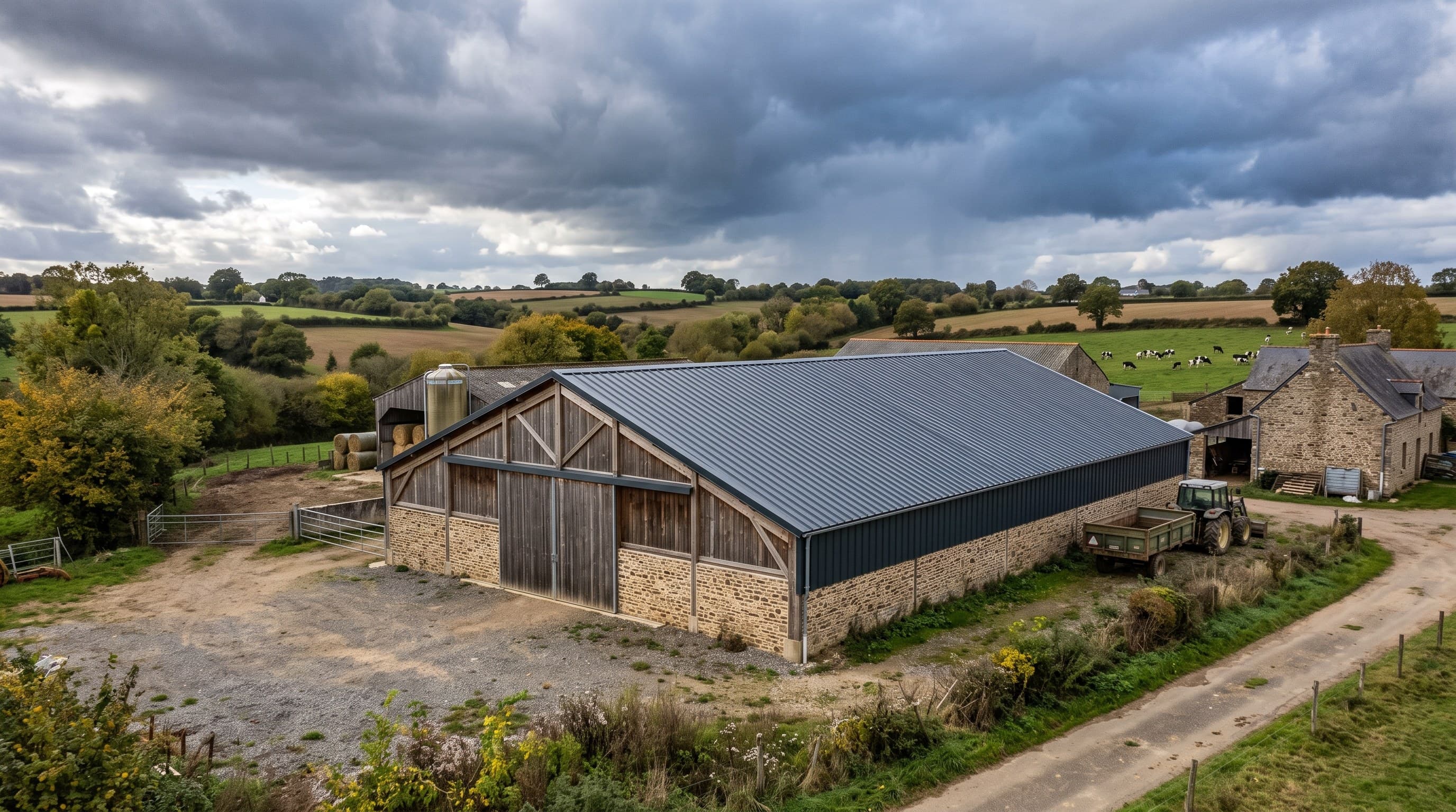 Hangar agricole avec toiture bac acier dans la campagne du nord Sarthe autour de Mamers