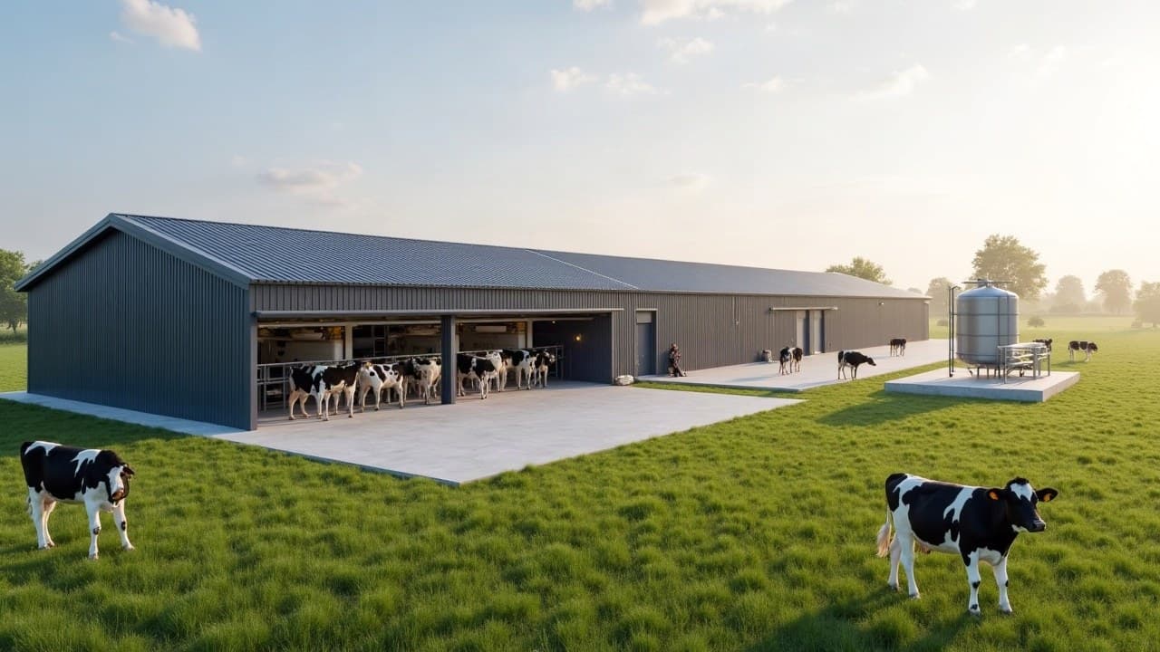 Stabulation laitière et salle de traite à toiture bac acier neuve, tank à lait et vaches Prim'Holstein au pré, bocage mayennais