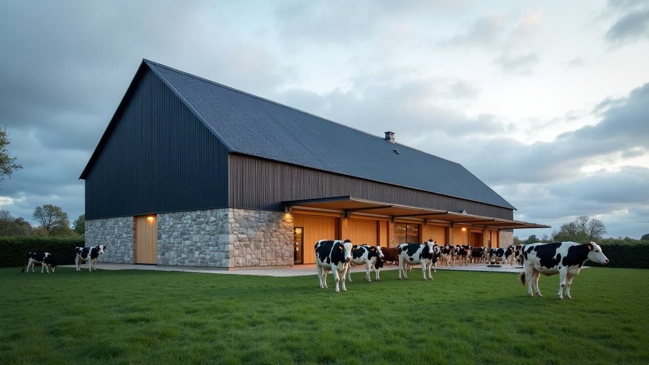 Bâtiment laitier à soubassement en granit, bardage bois et toiture bac acier neuve, vaches Prim'Holstein au pré, nord Mayenne