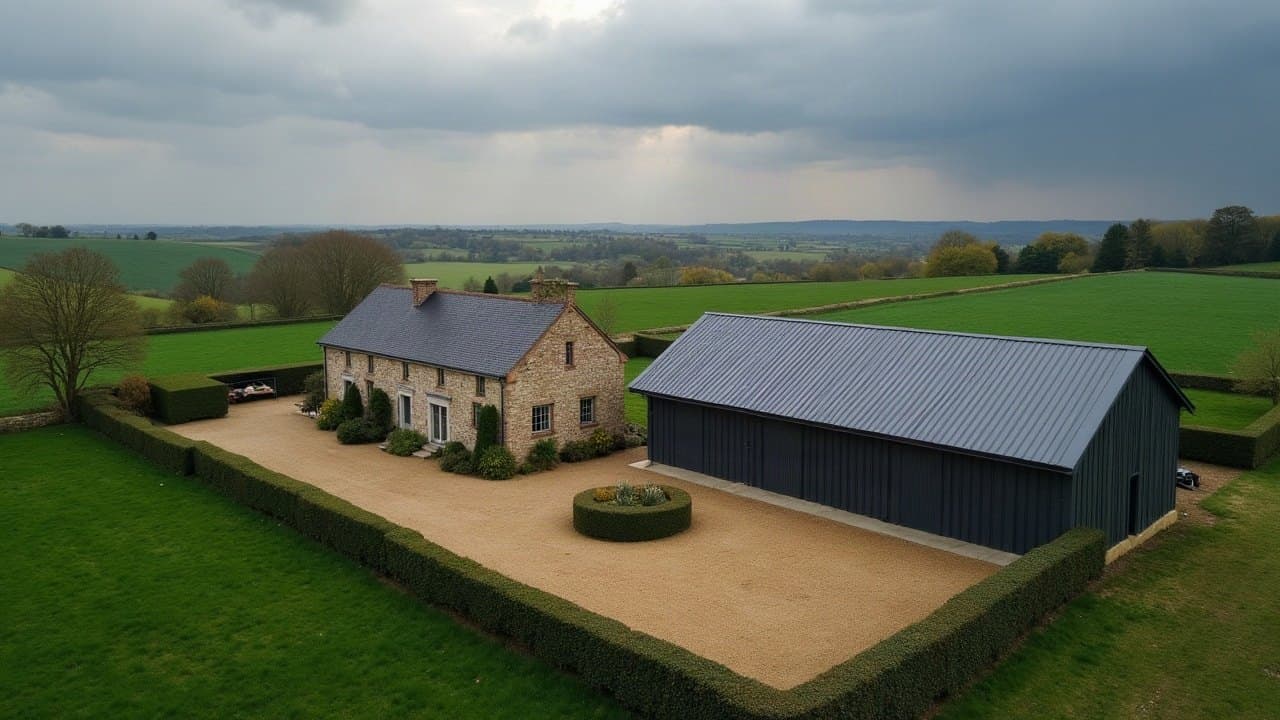 Maison de ferme en granit et bâtiment agricole à toiture bac acier neuve dans le bocage au nord de la ville de Mayenne