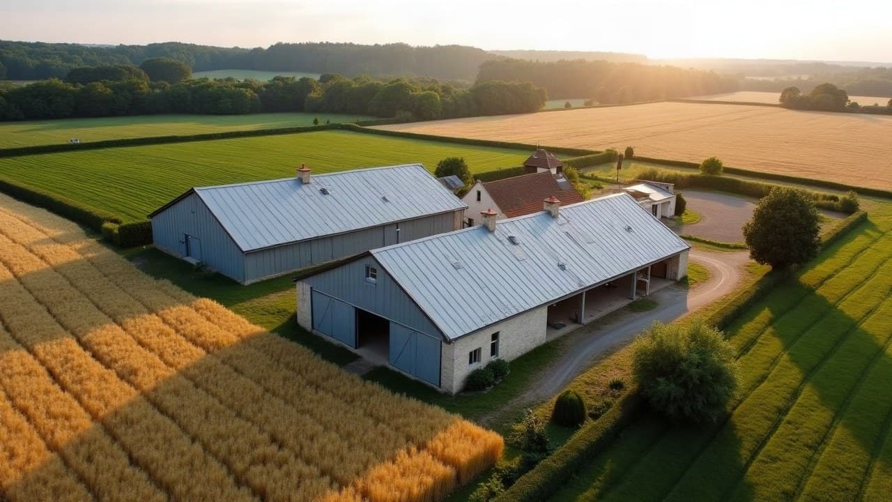 Ferme de polyculture de la vallée du Loir : hangars et bâtiment d'élevage à toitures bac acier neuves, blés et prairies