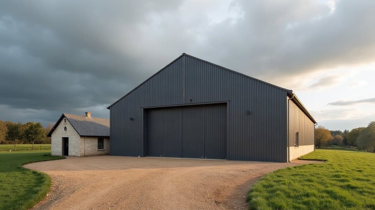 Hangar de stockage gris anthracite à toiture bac acier neuve et petit bâtiment en tuffeau, campagne douce de la vallée du Loir