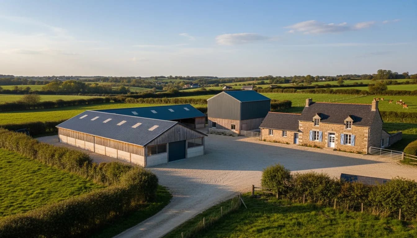 Hangar à matériel et bâtiment d'élevage à toitures bac acier neuves près d'une ferme en pierre couverte d'ardoise, sud du pays de Craon