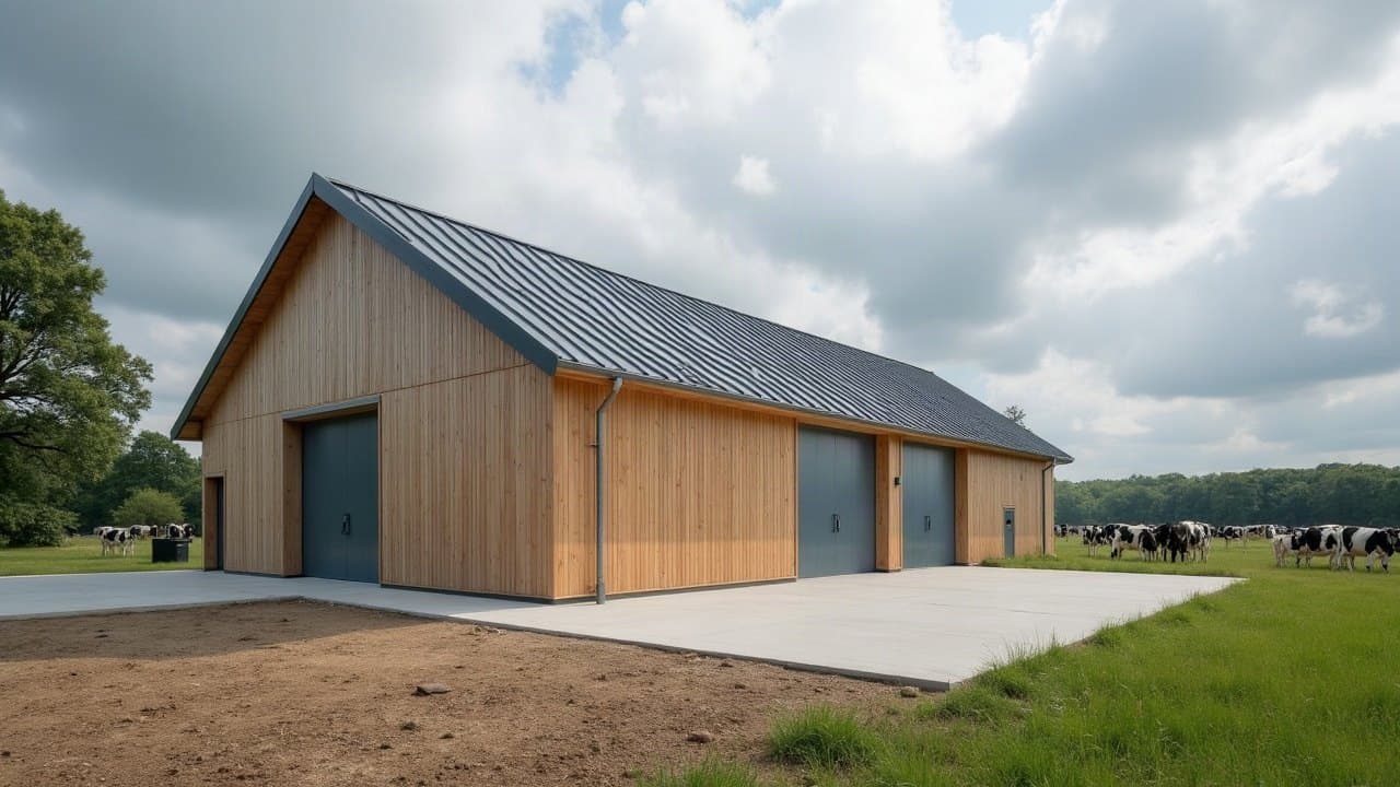 Bâtiment de traite neuf à bardage bois et toiture bac acier, vaches Prim'Holstein au pré en arrière-plan, près de Sablé-sur-Sarthe