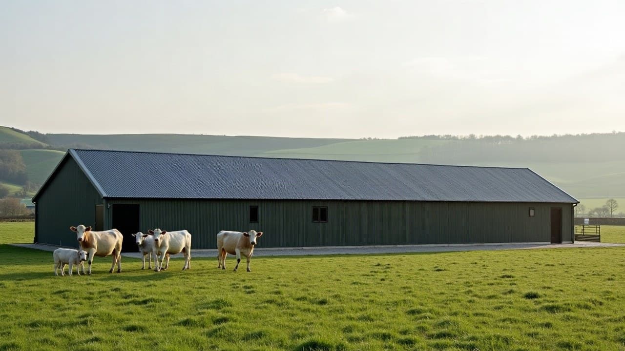 Long bâtiment d'élevage allaitant à toiture bac acier neuve, vaches et veau au pré, collines autour de Saint-Calais